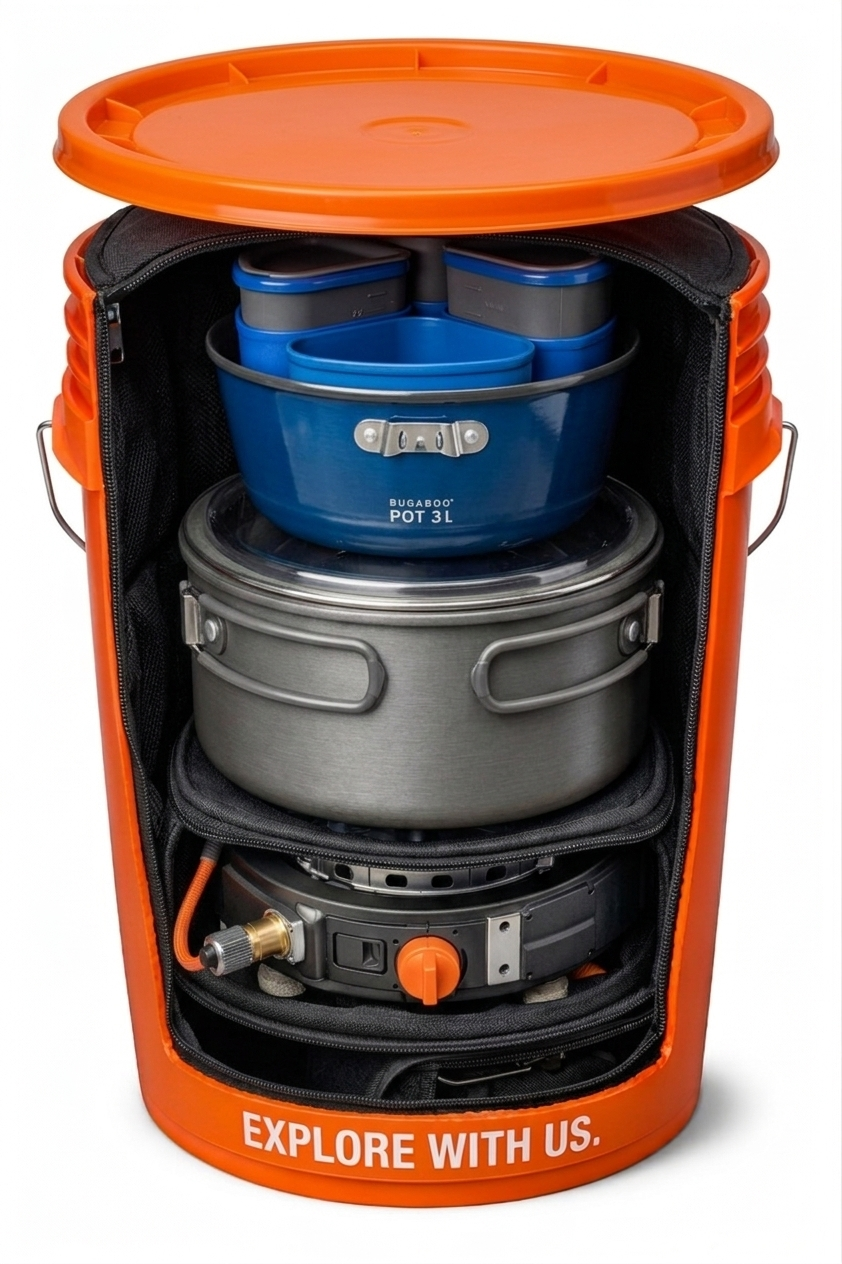 Bucket Kitchen — complete camp kitchen in a 5-gallon bucket